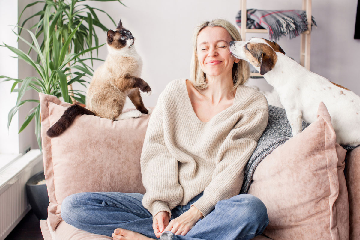 lady-dog-cat-best-for-pet Dog licking lady's face with cat on the couch